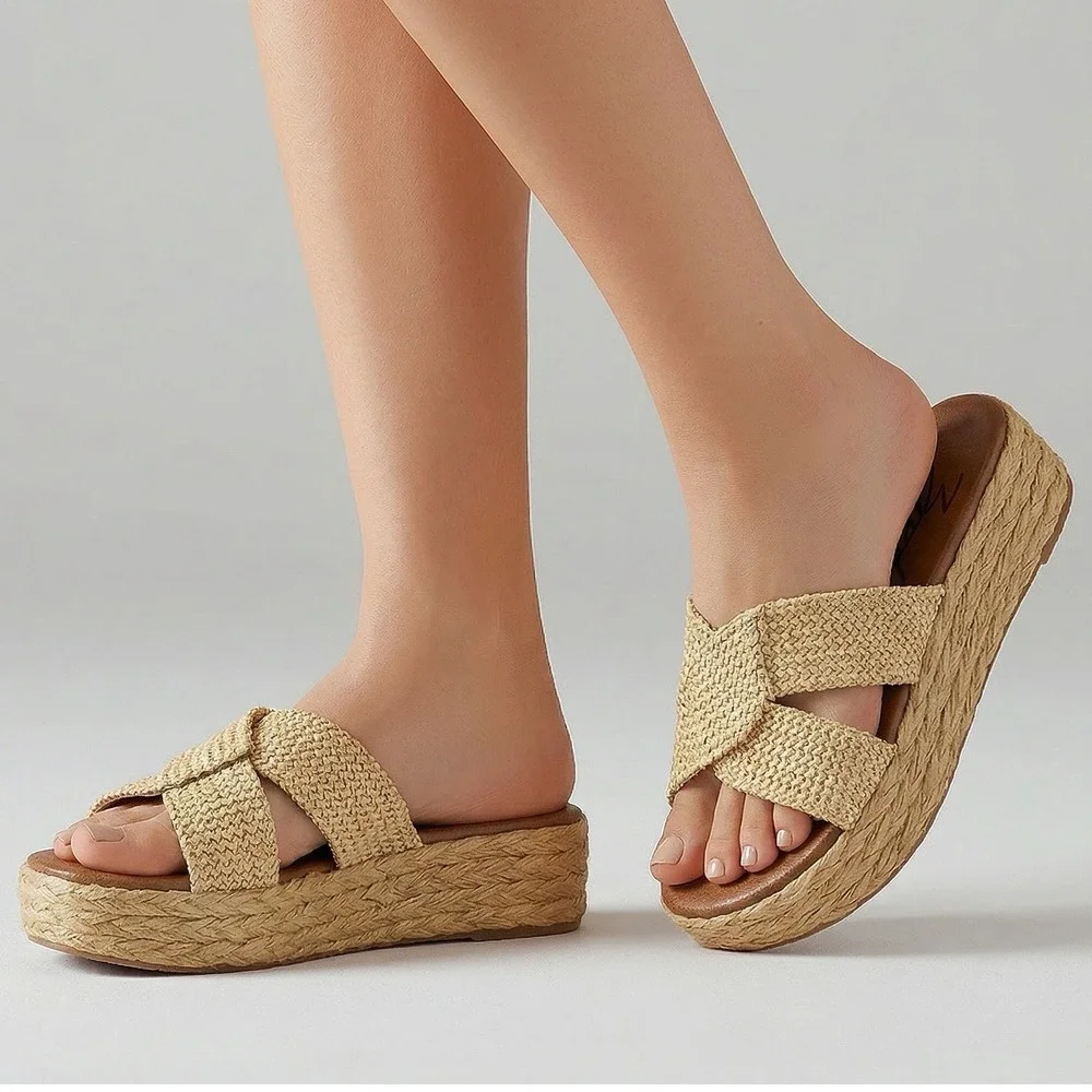 Zodiac Izzy Platform Slide Sandals Womens 5.5 Natural Woven Espadrille Boho Chic